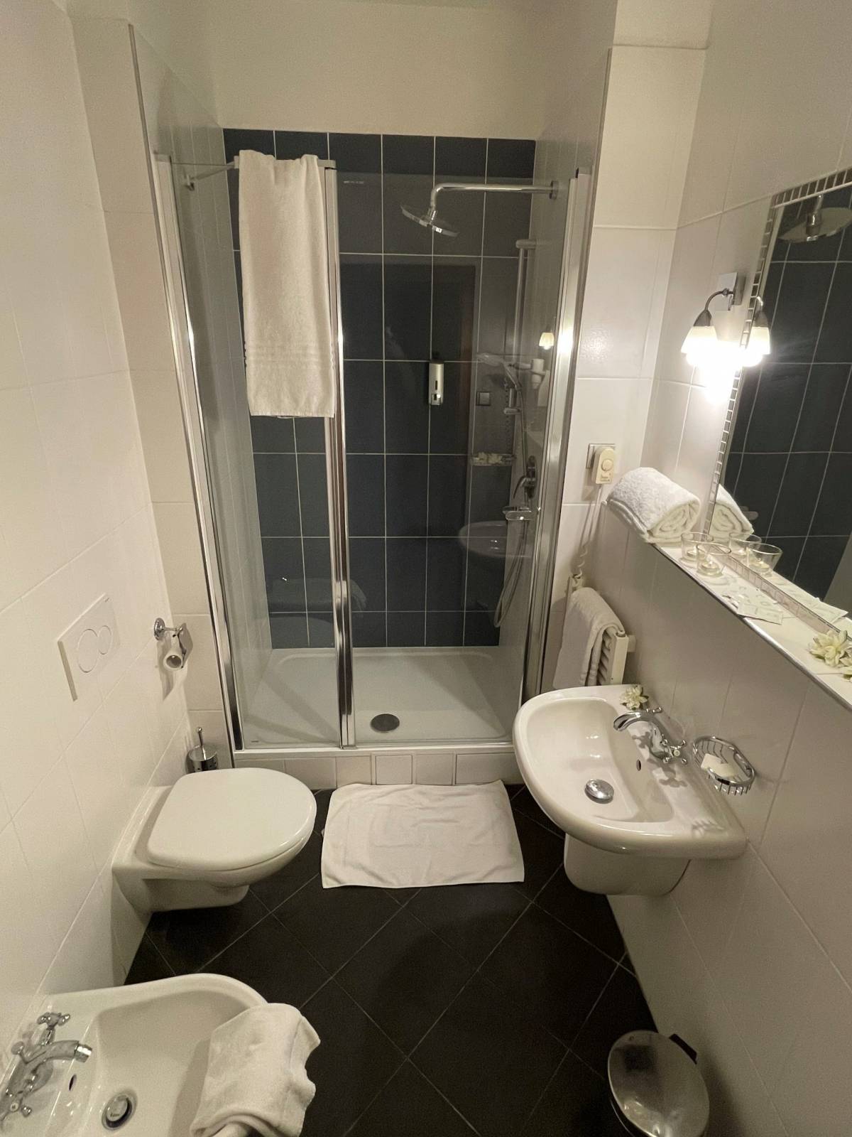 Koupelna s umyvadlem, sprchovým koutem, záchodem a bidetem